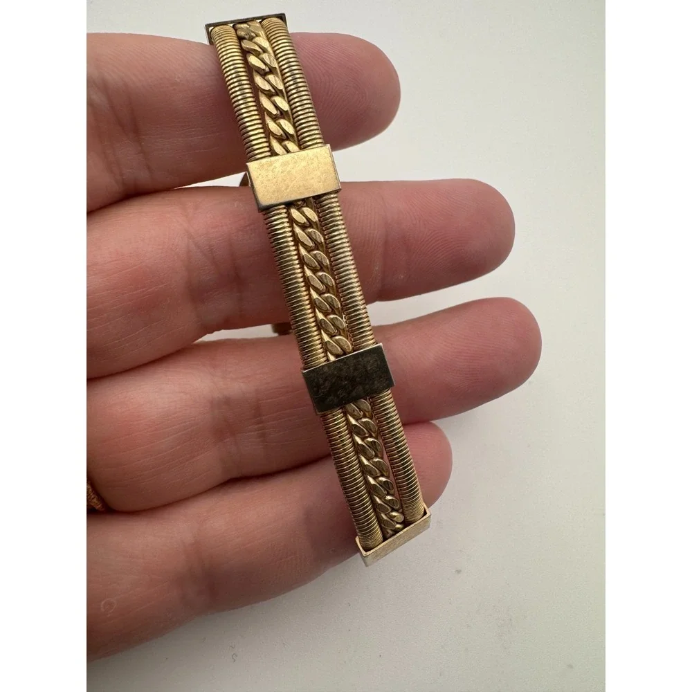 Vintage Mesh Bracelet Gold Tone Gaspipe Curb Chain Multi Strand Panel Link MCM